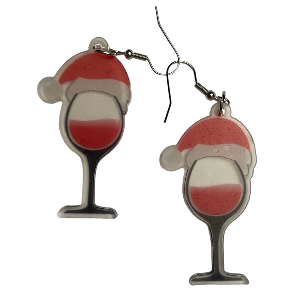 1/$8 or 3/$12 Christmas Holiday Acrylic Dangle Earrings Wine Glasses Santas Hat